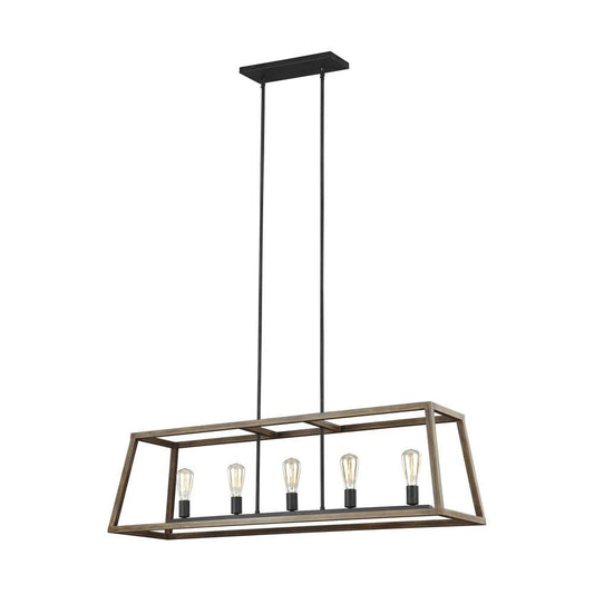 Visual Comfort Studio Gannet 5 Light Linear Chandelier Weathered Oak Wood / Antique Forged Iron